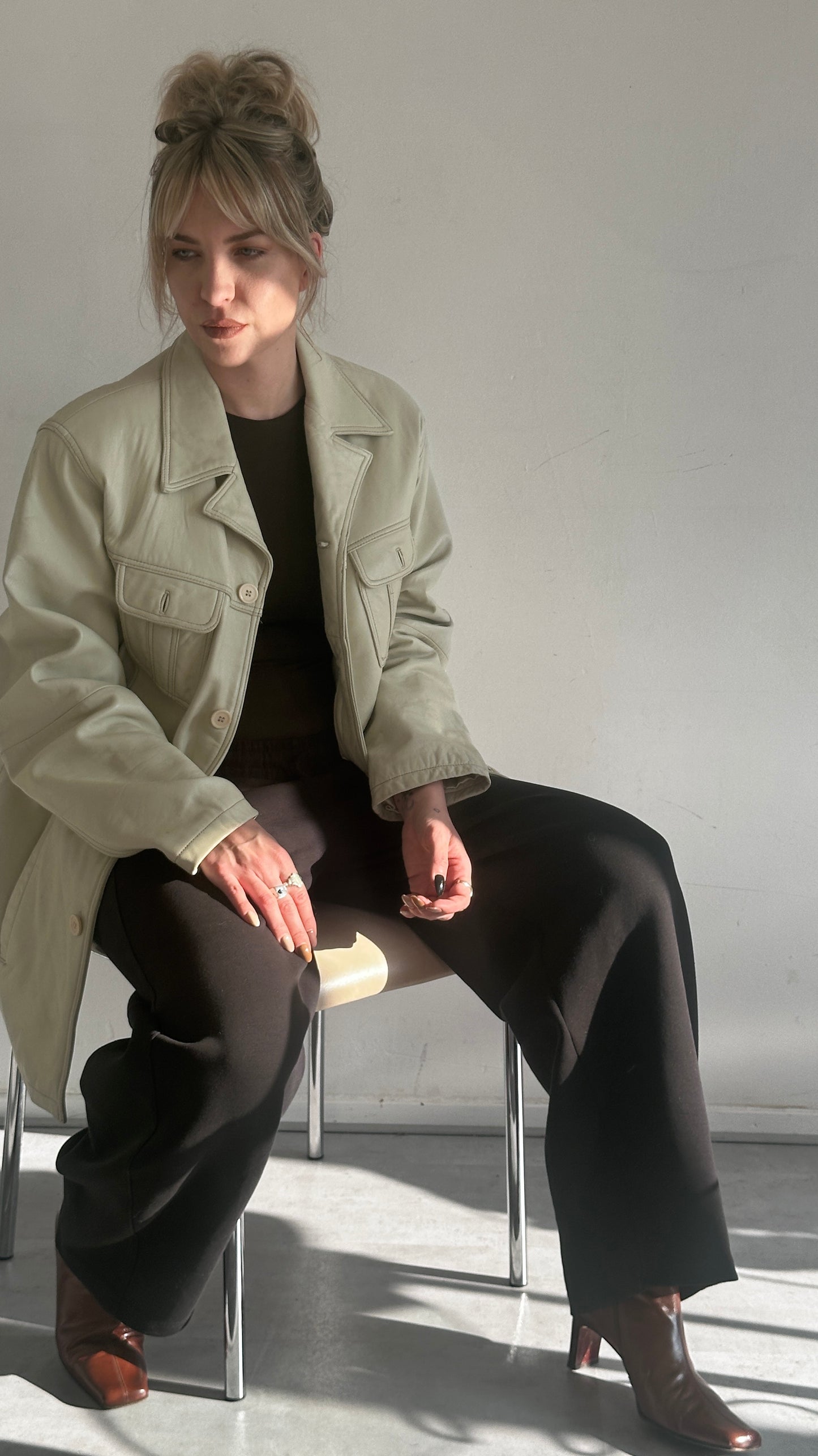 Oversized vintage cream leather jacket