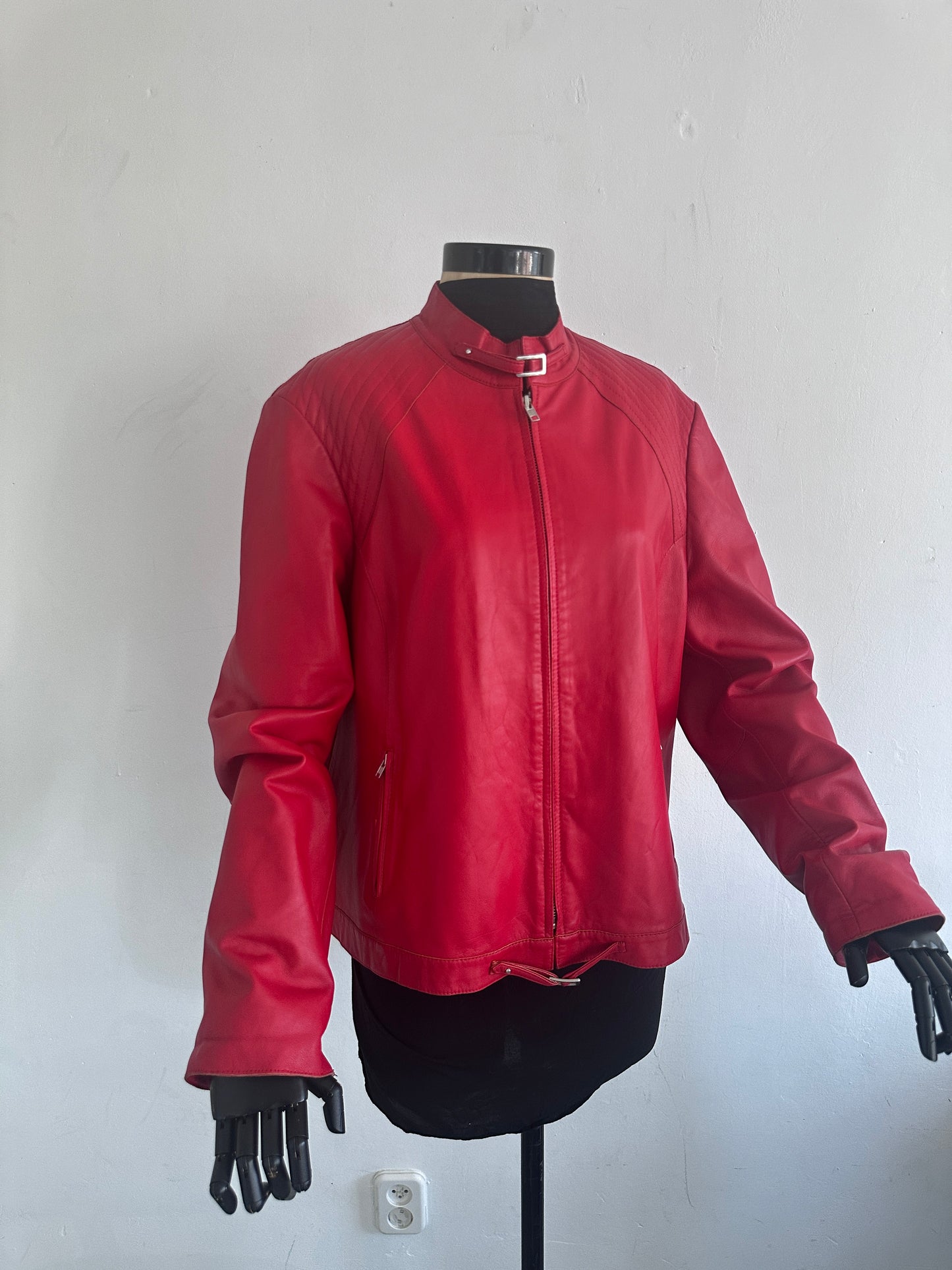 Bright red leather jacket